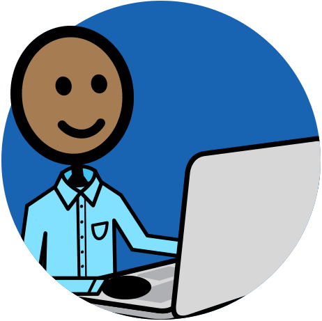 An n2y SymbolStix character in a blue shirt smiles while using a laptop.