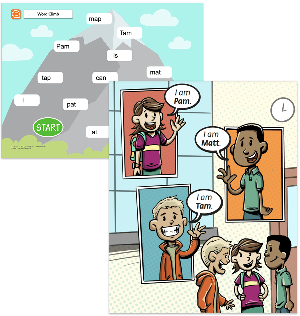 Word Climb activity and graphic novel page from resources in Unique Learning System