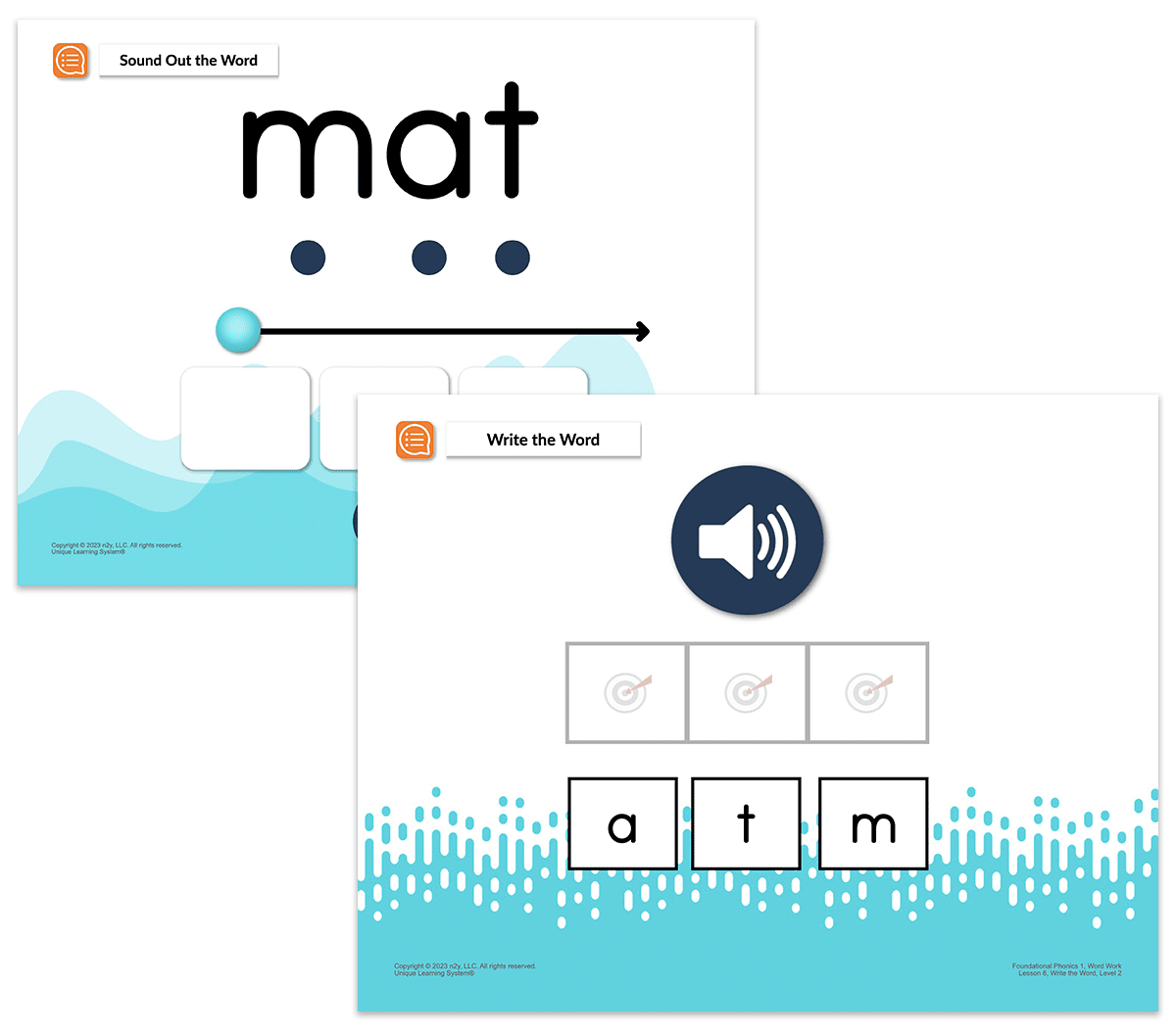 Unique Learning System phonics activity for sounding out and writing the word "mat"