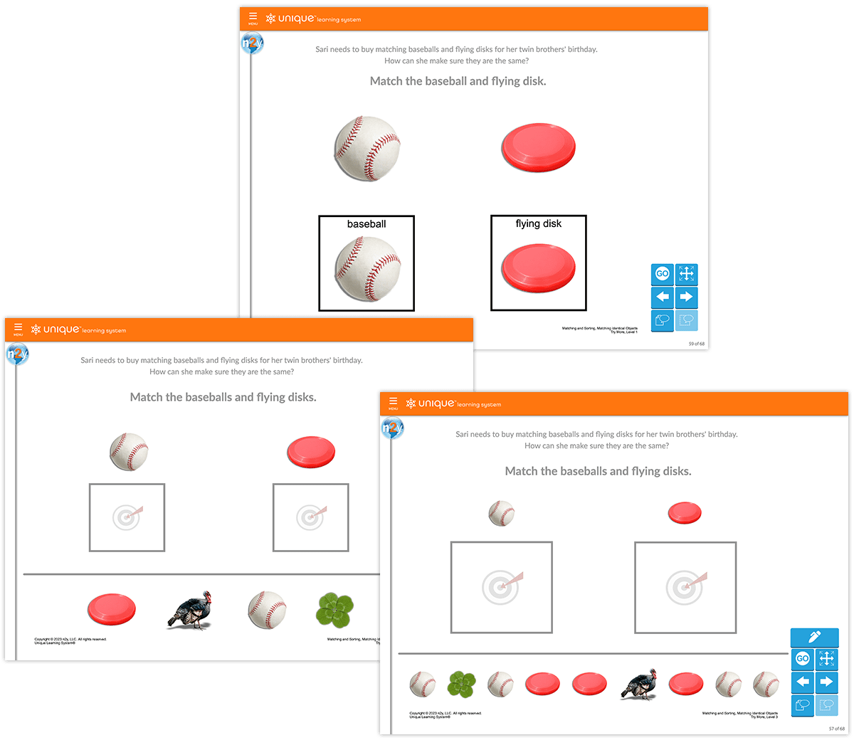 Examples of a Level 1, Level 2, and Level 3 differentiated math activity that involves matching baseballs and flying discs