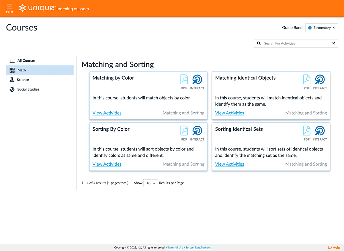 Matching and sorting math courses in Unique Learning System