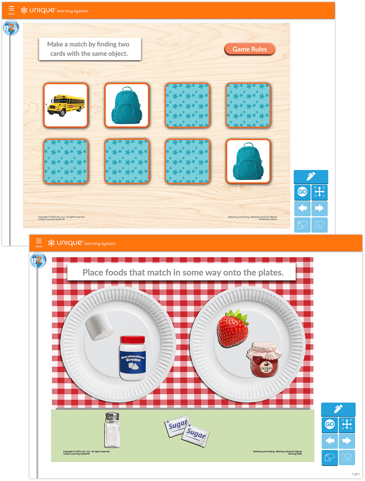 Two examples of a matching in a Unique Learning System lesson, one a card game and one an activity with various foods