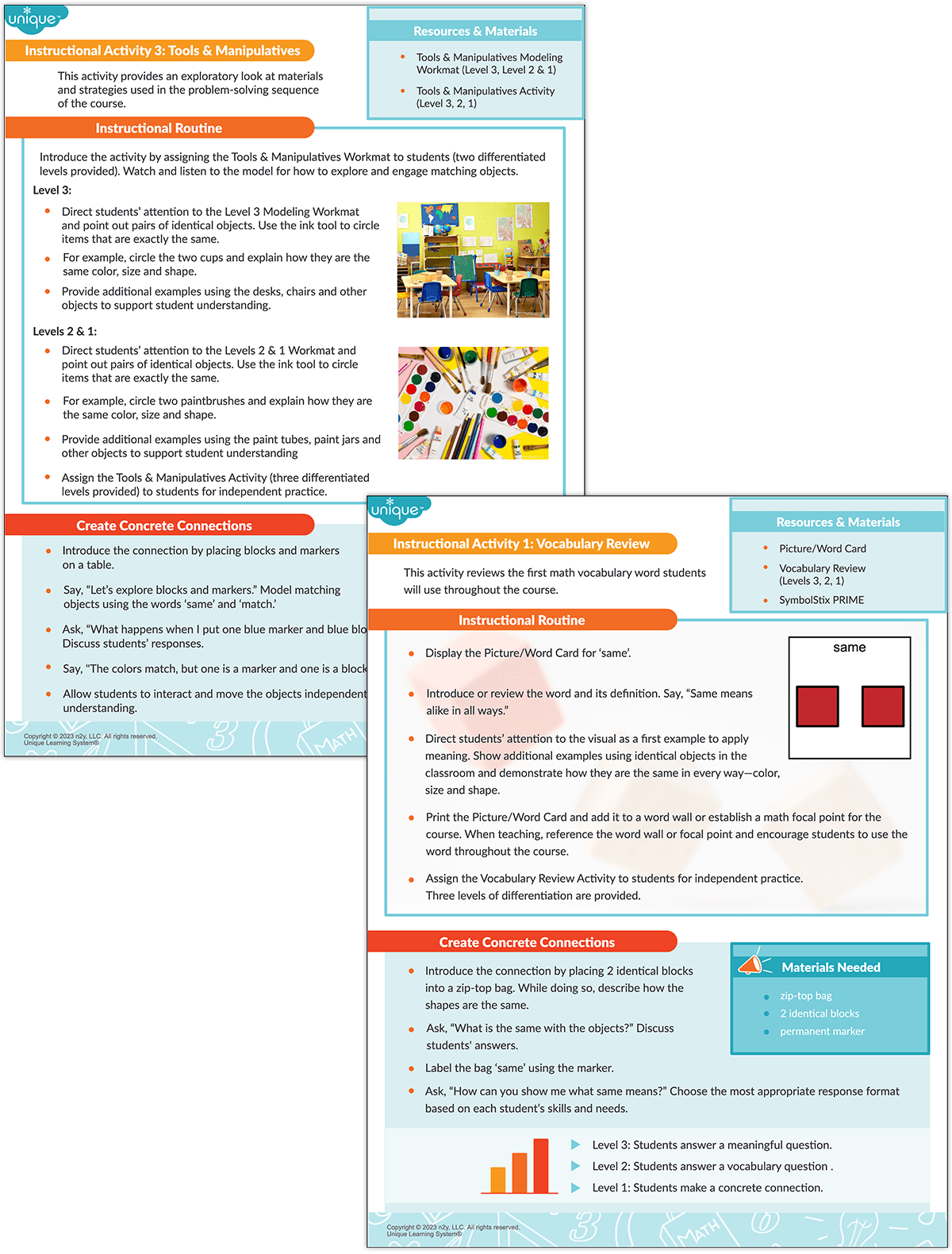 Two examples of different instructional strategies found in Unique Learning System lesson plans