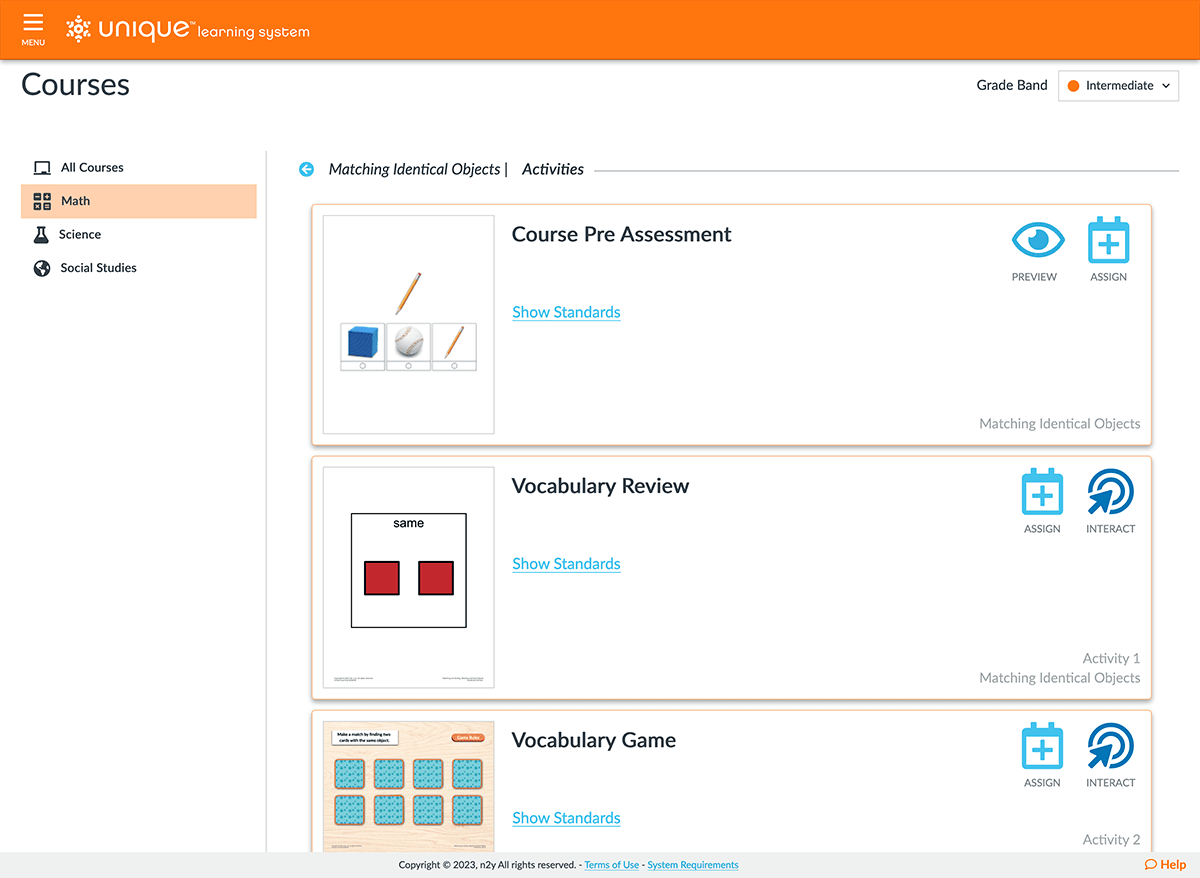 Three activities in the Matching Identical Objects course are a pre-assessment and vocabulary review and game