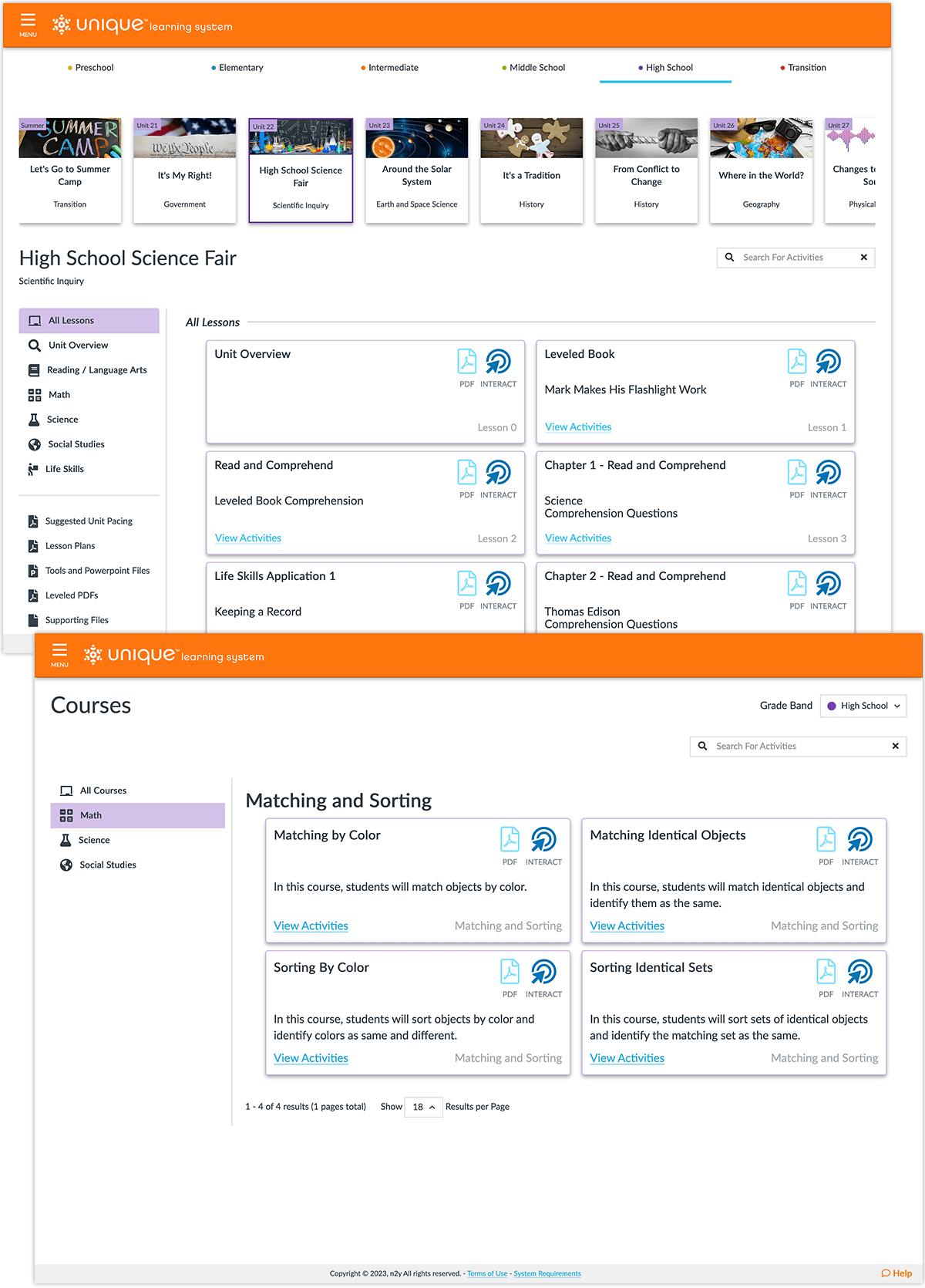 Comparison of thematic lessons and math courses that Unique Learning System includes