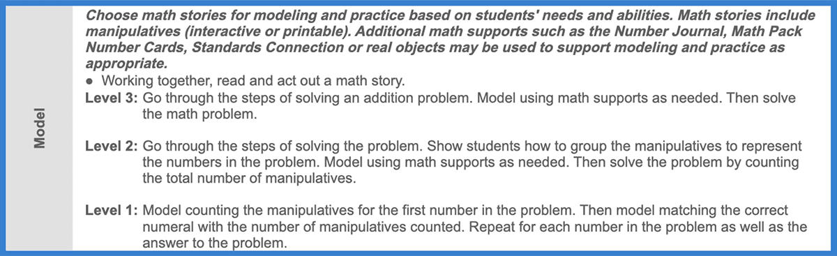 Guidance on modeling math stories at different levels in a Unique Learning System math lesson