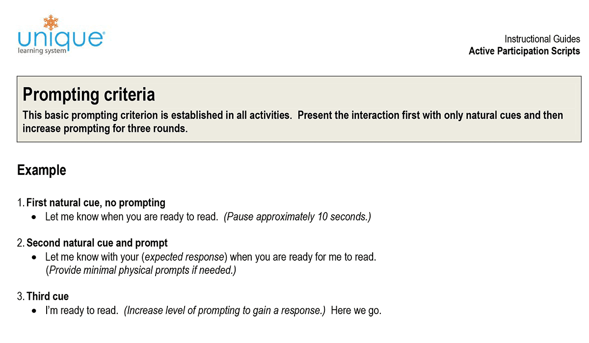 Active participation scripts in Unique Learning System that guide prompting