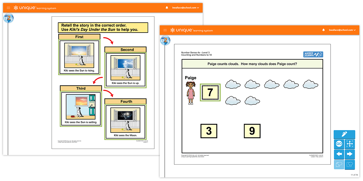 Two examples of reinforcement in Unique Learning System lessons, one for sequencing and one for math