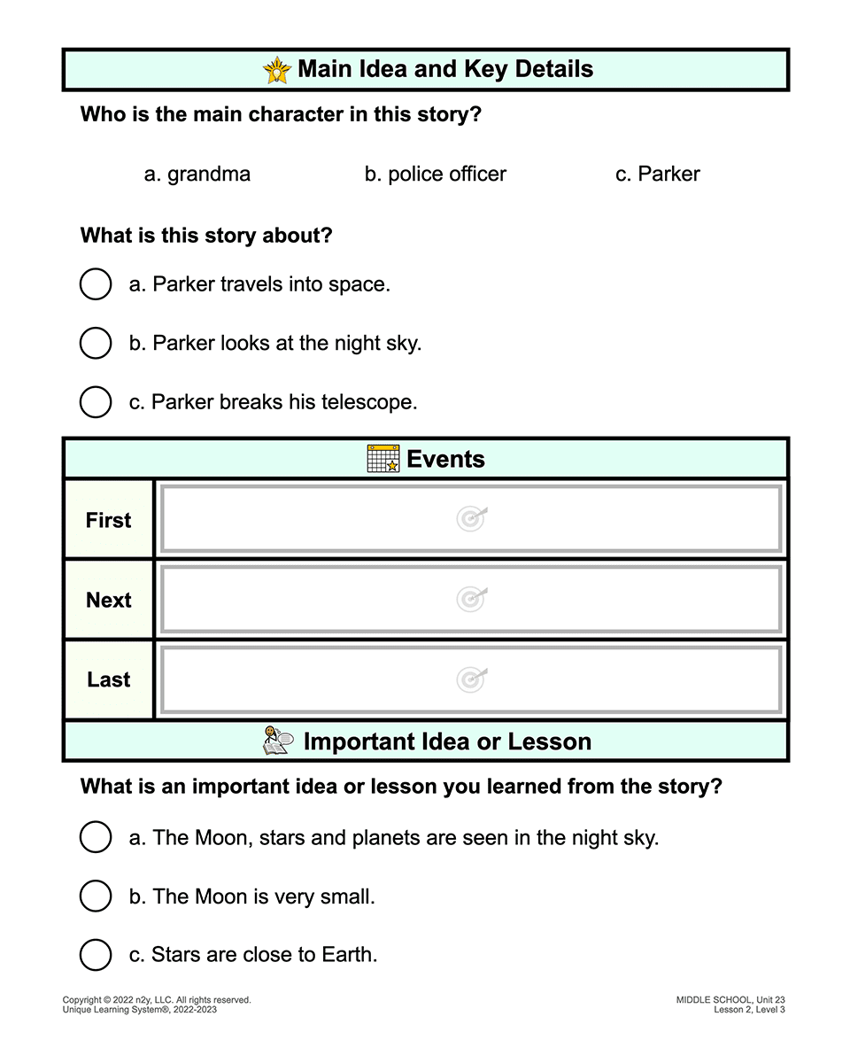 ULS reading comprehension lesson covering main idea and key details from a story