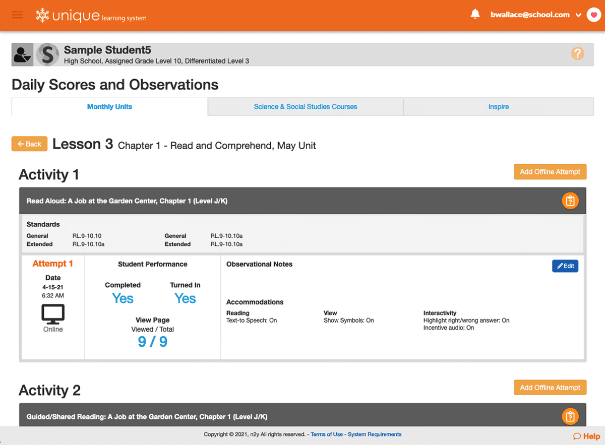 Daily Scores and Observation screen from Unique Learnin System's Student Daily Performance reports