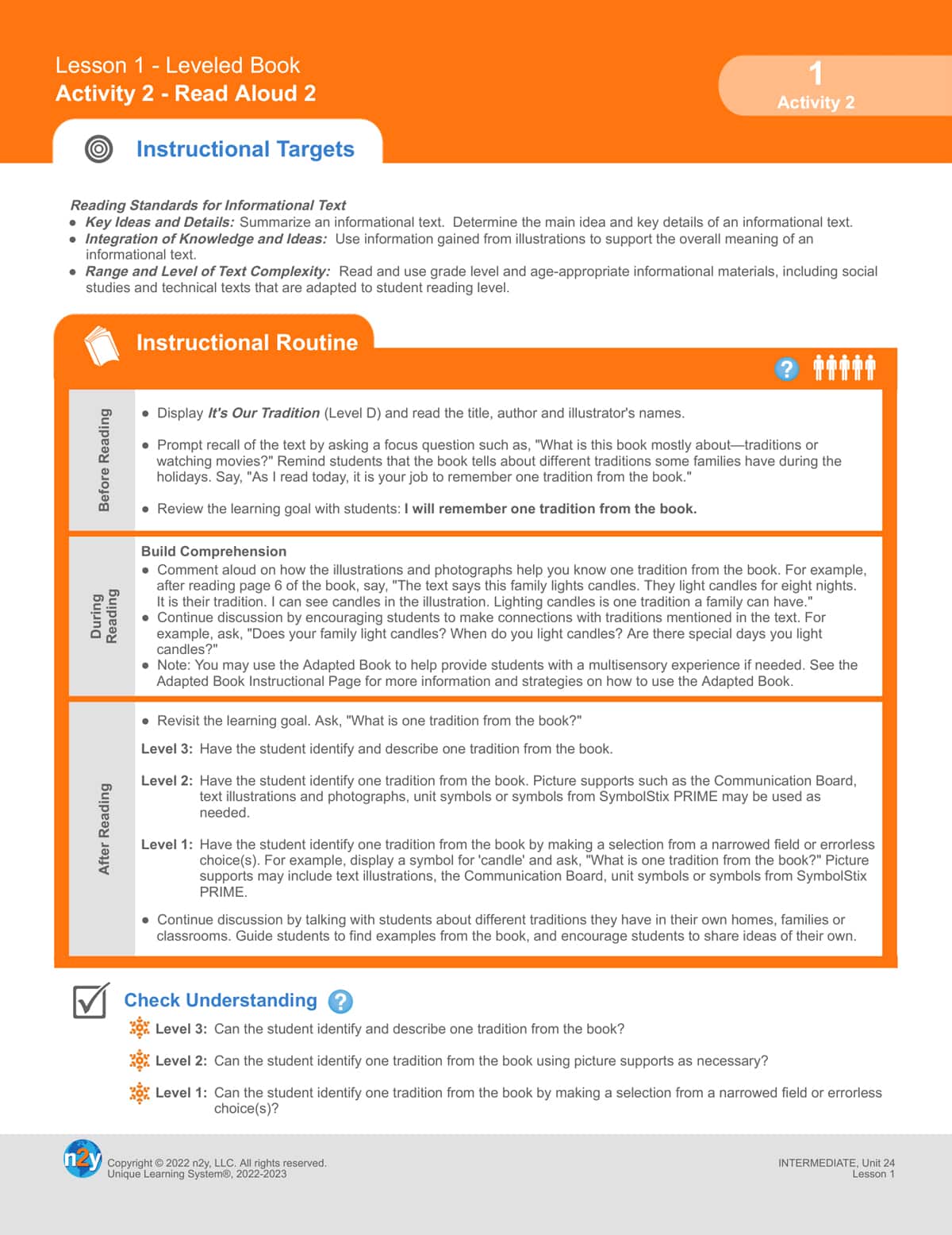 An instructional routine for a read-aloud activity with specific questions for teachers to ask students of all ability levels