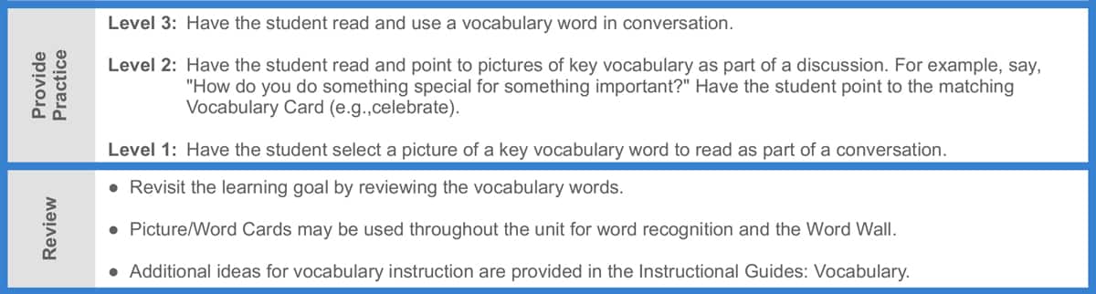 Corrective feedback in instructional routines includes phrasing and wording for teachers to use during practice and review.