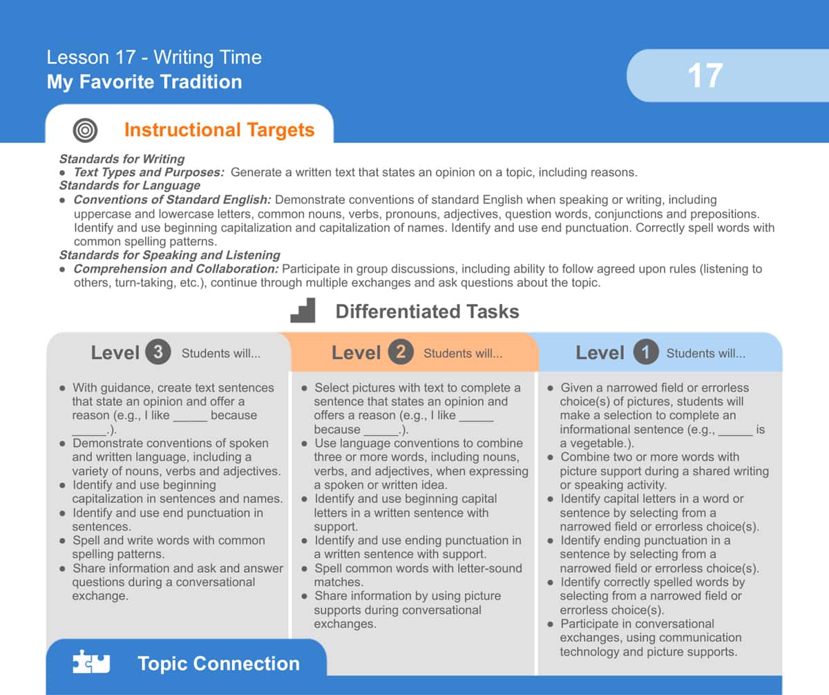A Unique Learning System lesson plan showing differentiated tasks for Level 1, 2, and 3.