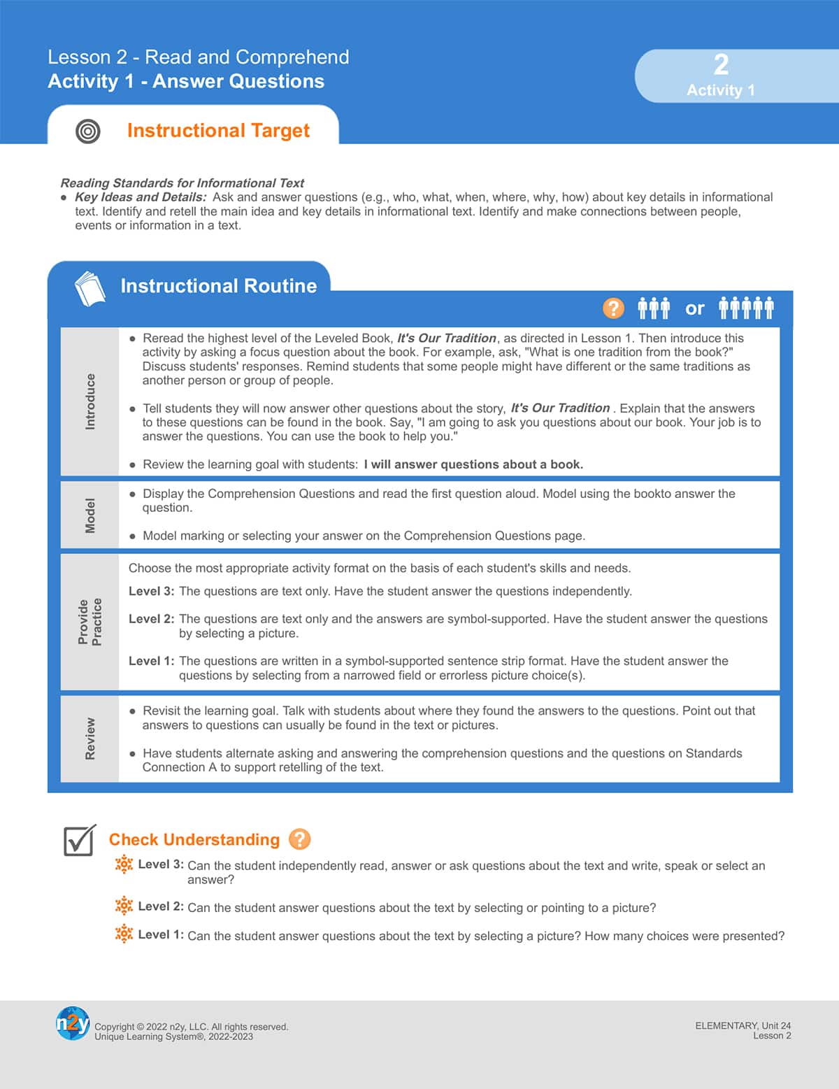 Lesson in Unique Learning System with an explicit instructional target and an instructional routine