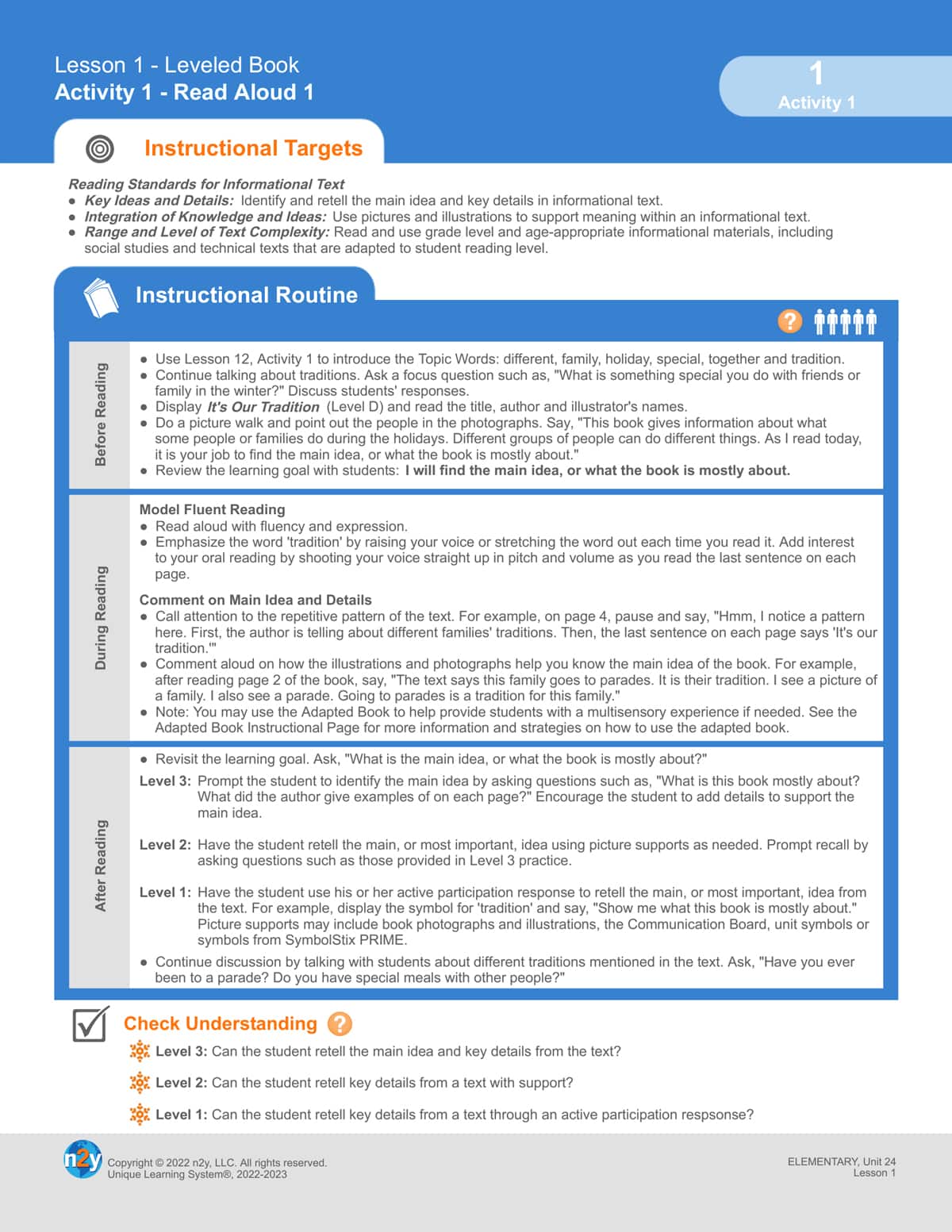 Interactive read-aloud lesson activity including before, during, and after reading practices for teachers to follow