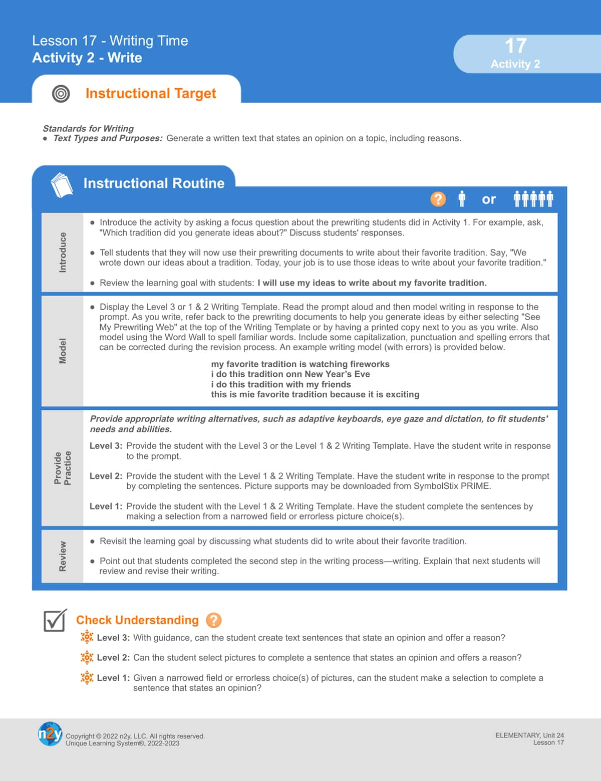 A writing lesson plan in Unique Learning System that follows the six progressive stages of writing instruction.