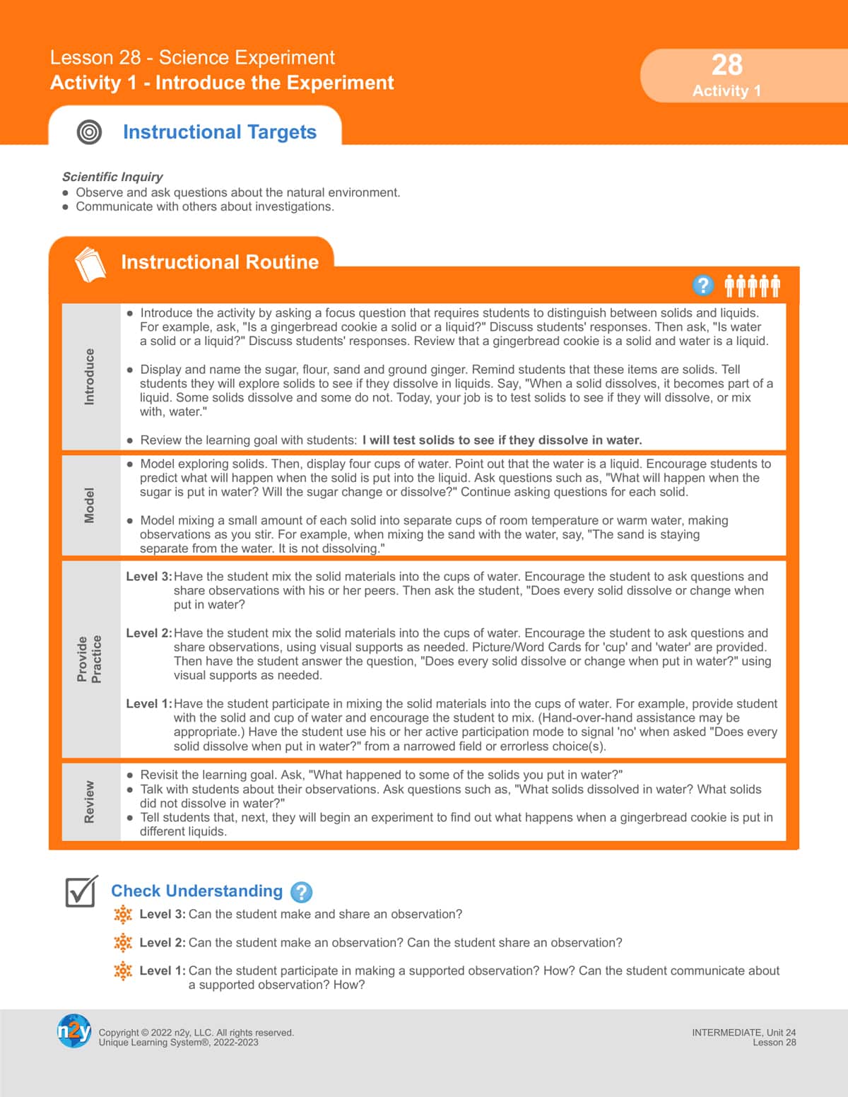 A Unique Learning System lesson plan that outlines whole-class structured inquiry.