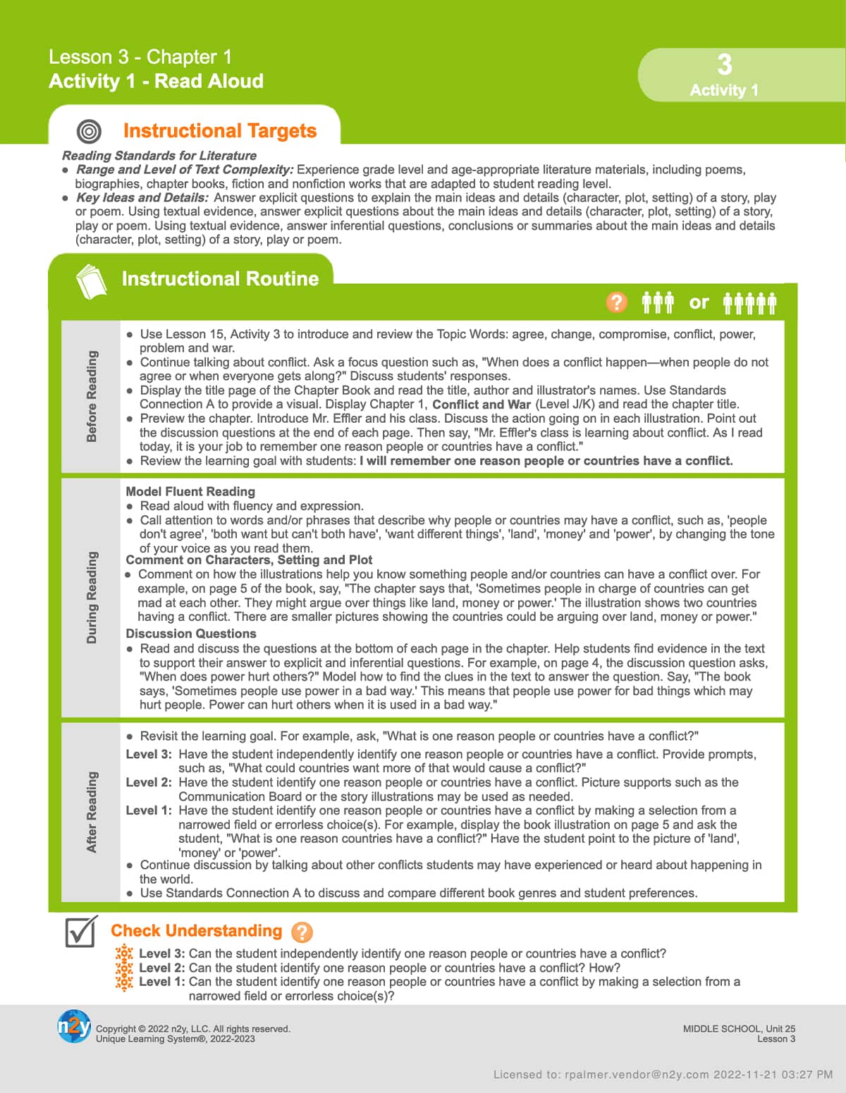 ULS lesson plan with instructional targets, differentiated instruction, and understanding checks