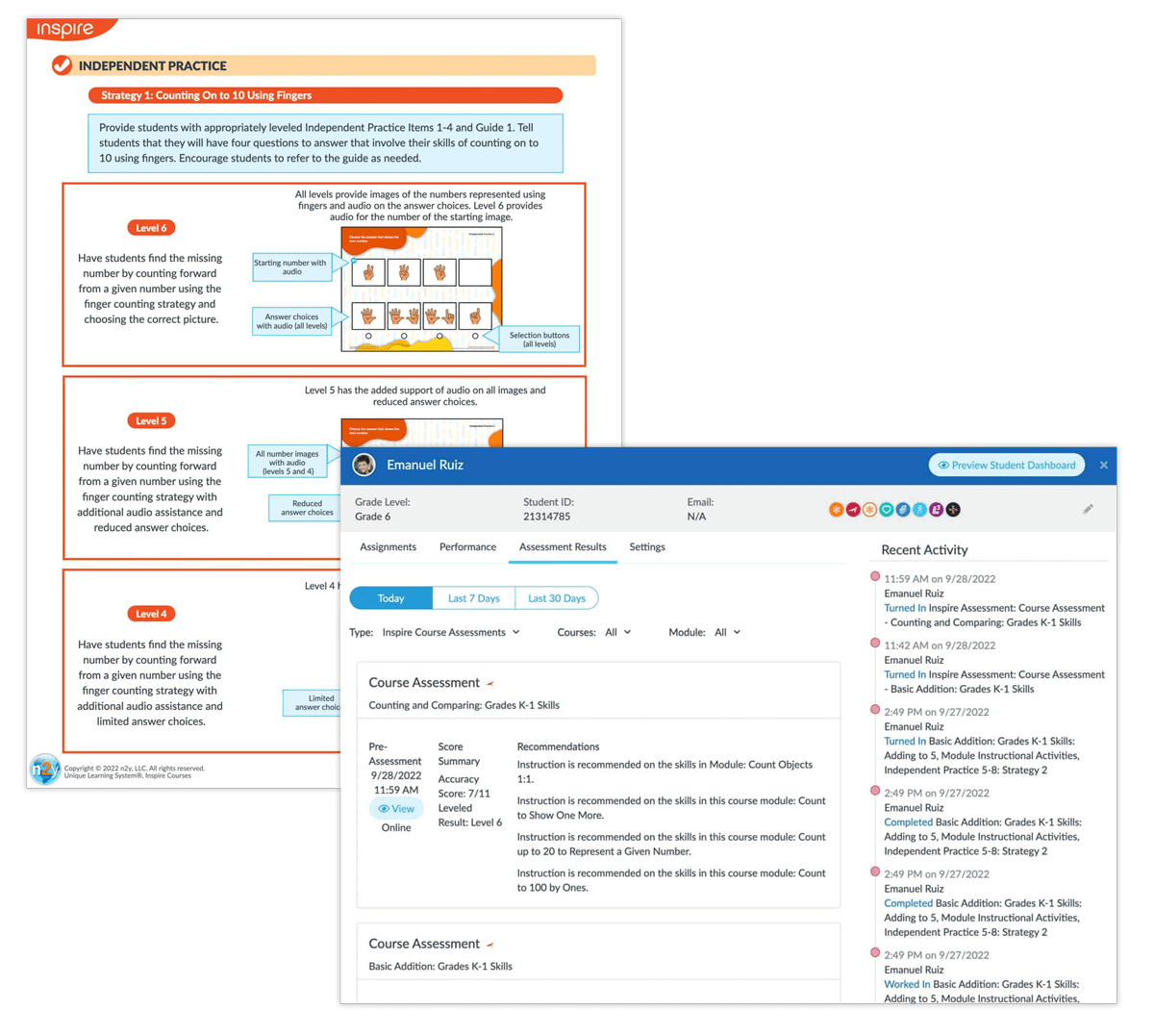 Image of a lesson plan and student assessment results in Inspire