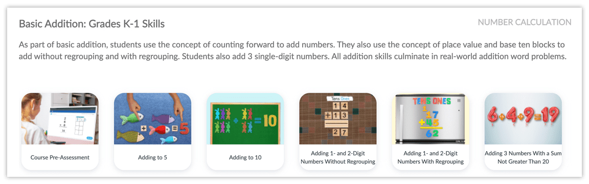 Image of the pre-assessment and modules in Inspire's Basic Addition course