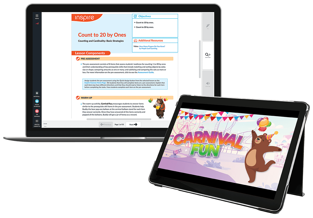 laptop displaying Inspire math course lesson and tablet displaying Inspire warmup activity