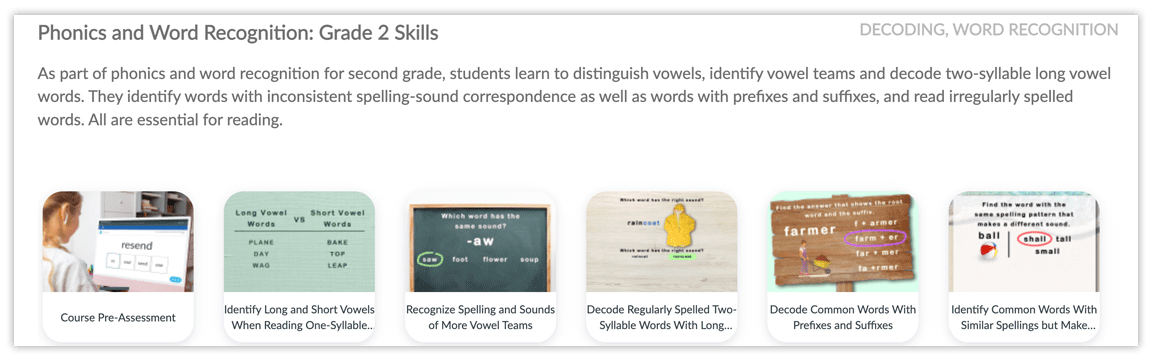 Image of the pre-assessment and modules in Inspire's Phonics and Word Recognition course