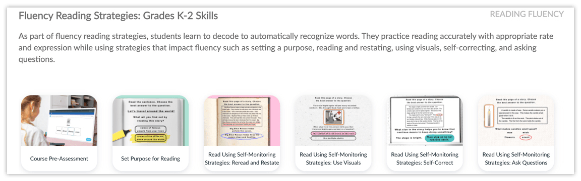 Image of the pre-assessment and modules in Inspire's Fluency Reading Strategies course 