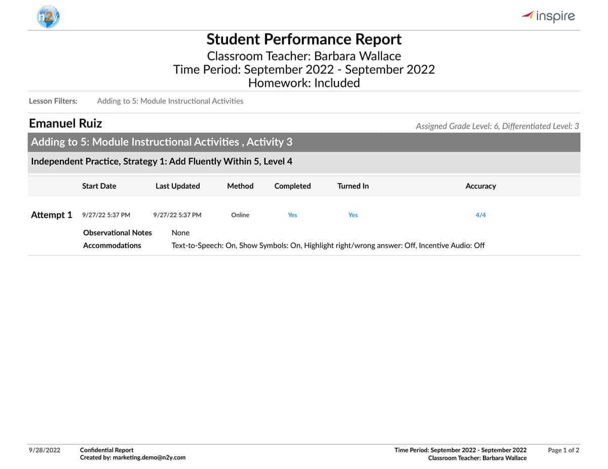Image of a student performance report in Inspire