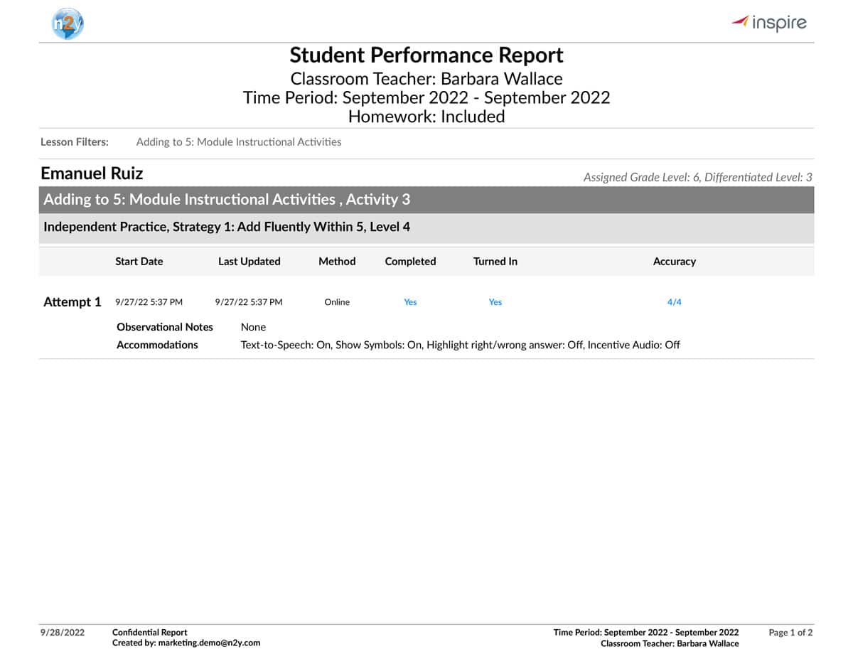 Image of a Student Performance Report