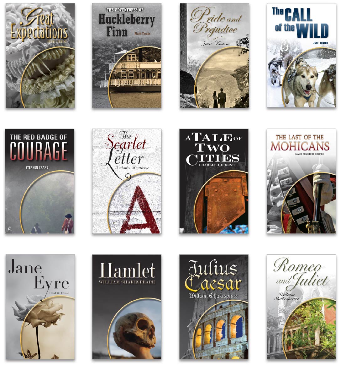 Image with the front covers of 12 of n2y's differentiated Classics titles, including novels and plays
