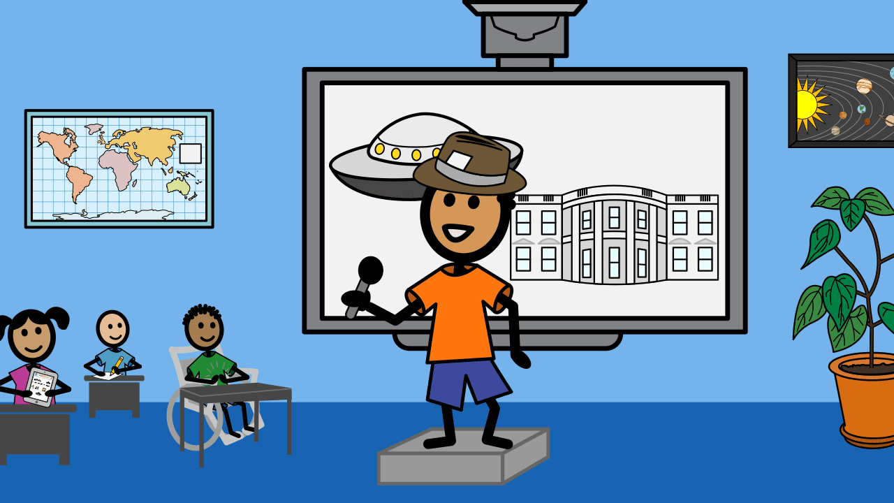 SymbolStix Student is presenting the new to his classmates. He is holding a microphone and behind him is a white board with an UFO and a bulding.