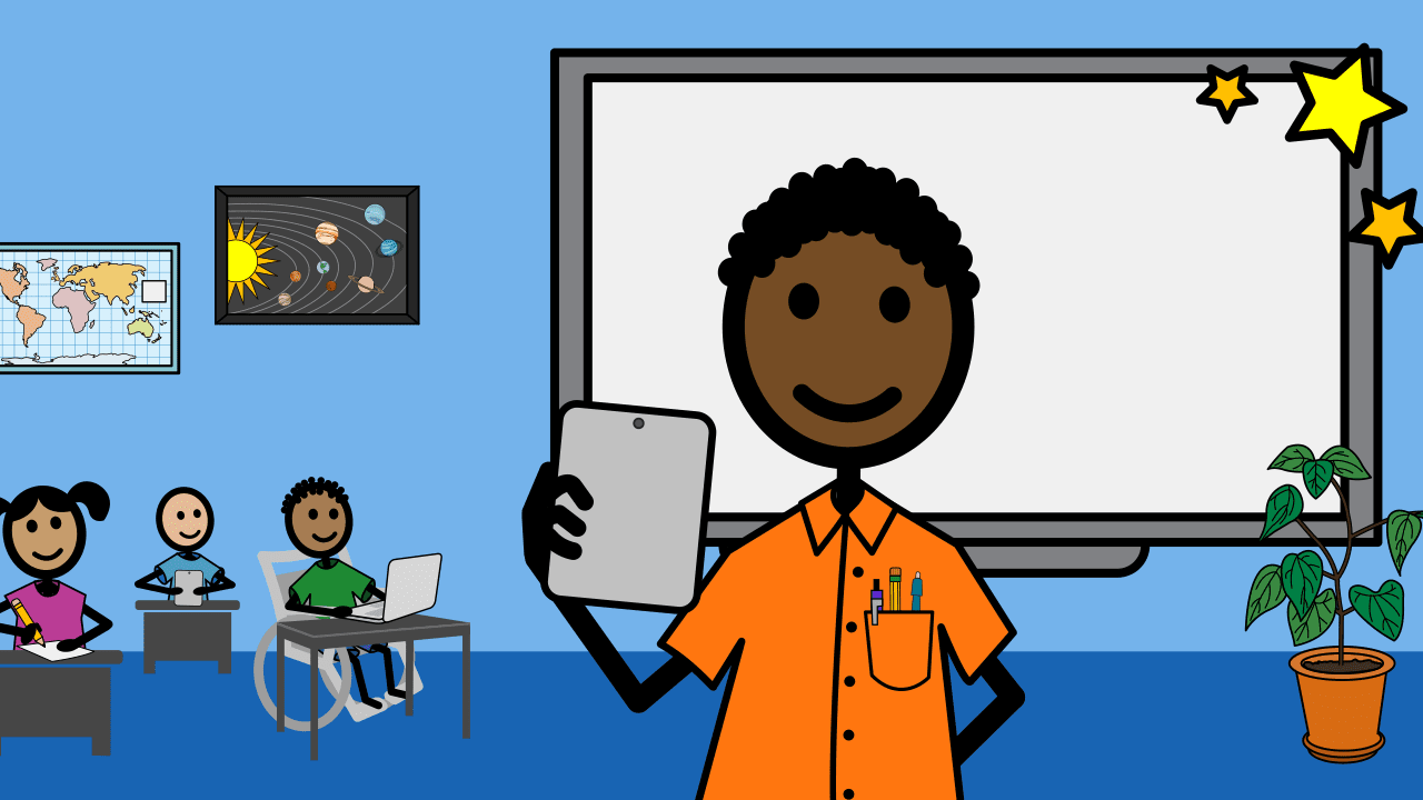 SymbolSTIX teacher holding a tablet infront of his class. Students are sitting on their desks working on a laptop, or tablet.
