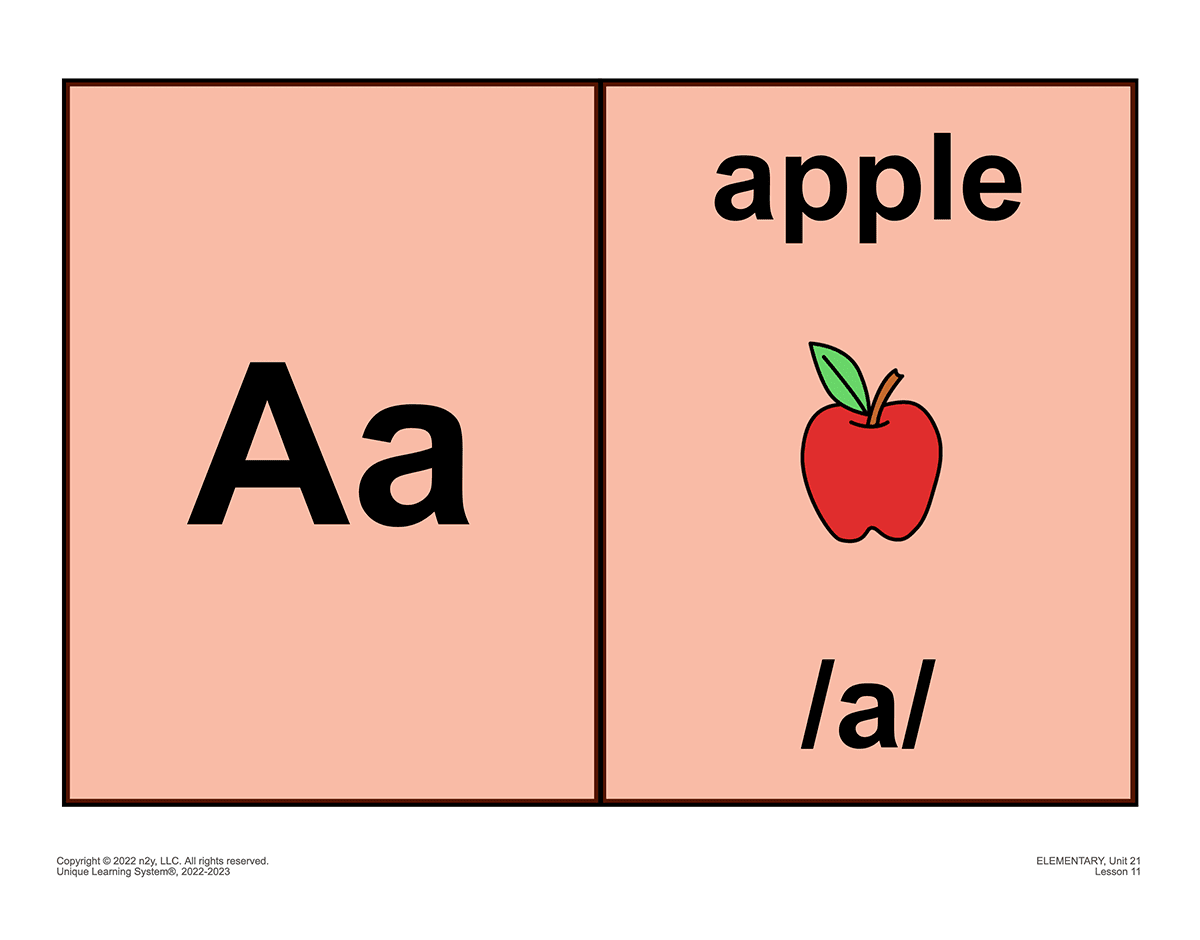 ULS phonemic awareness lesson showing “Aa,” “apple,” “/a/,” and apple symbol