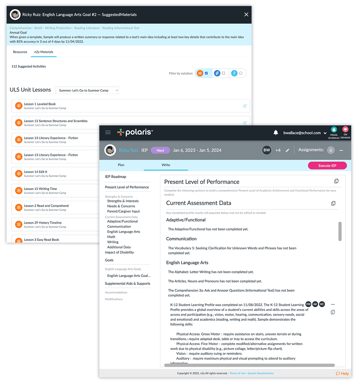 Present Level of Performance and recommended lesson plans from Unique Learning System in Polaris