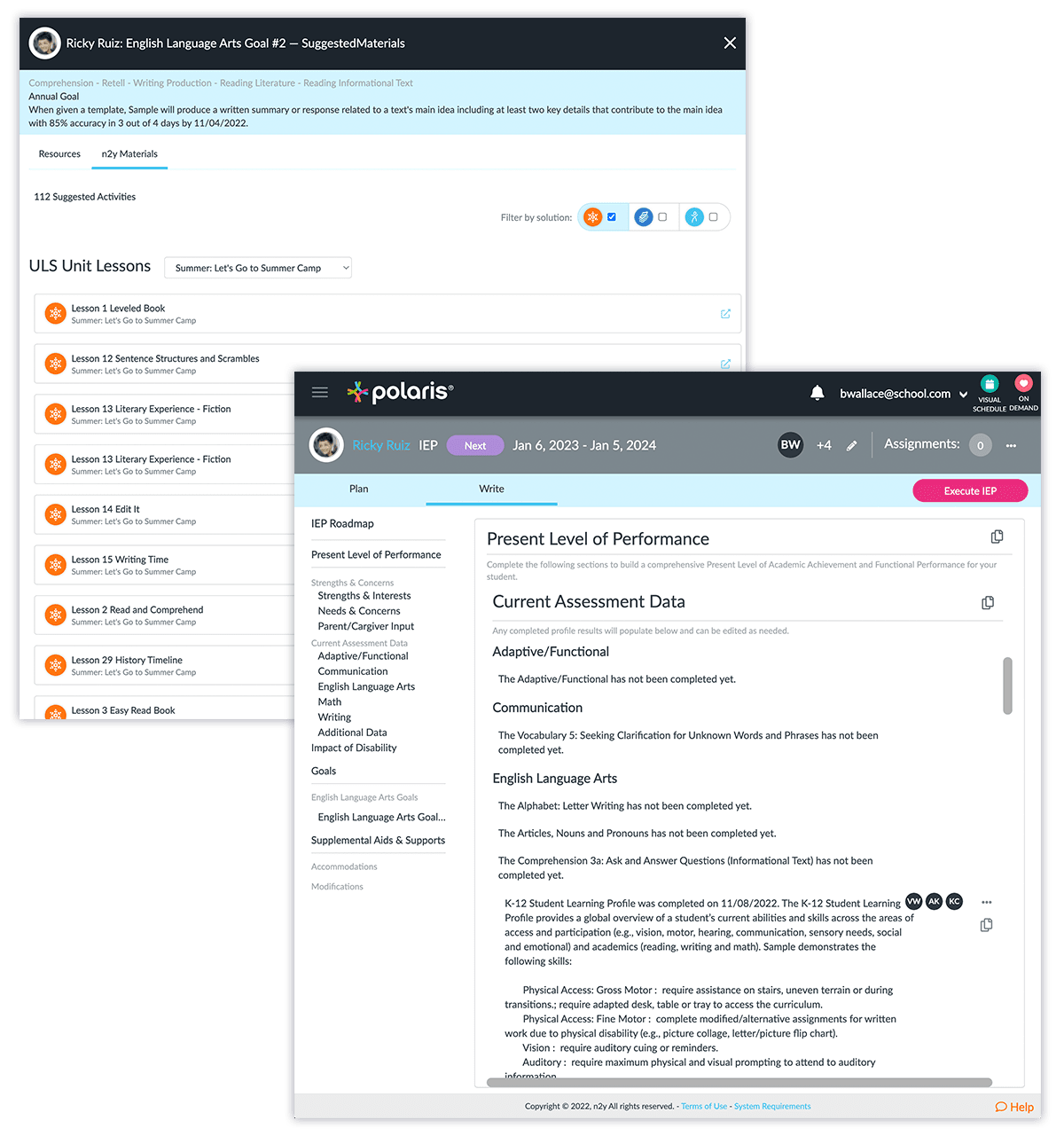 Present Level of Performance and recommended lesson plans from Unique Learning System in Polaris 