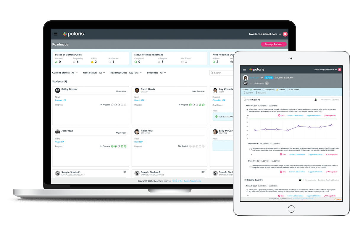 Polaris Roadmaps dashboard on a laptop and managing student data in Polaris on a tablet