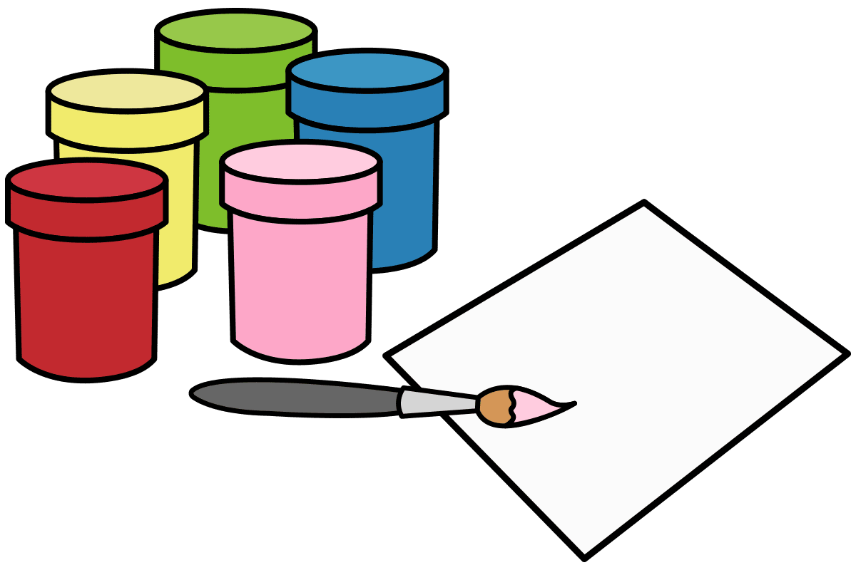 Paint pots, paintbrush, and paper