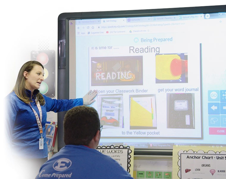 Teacher presenting social narrative on whiteboard