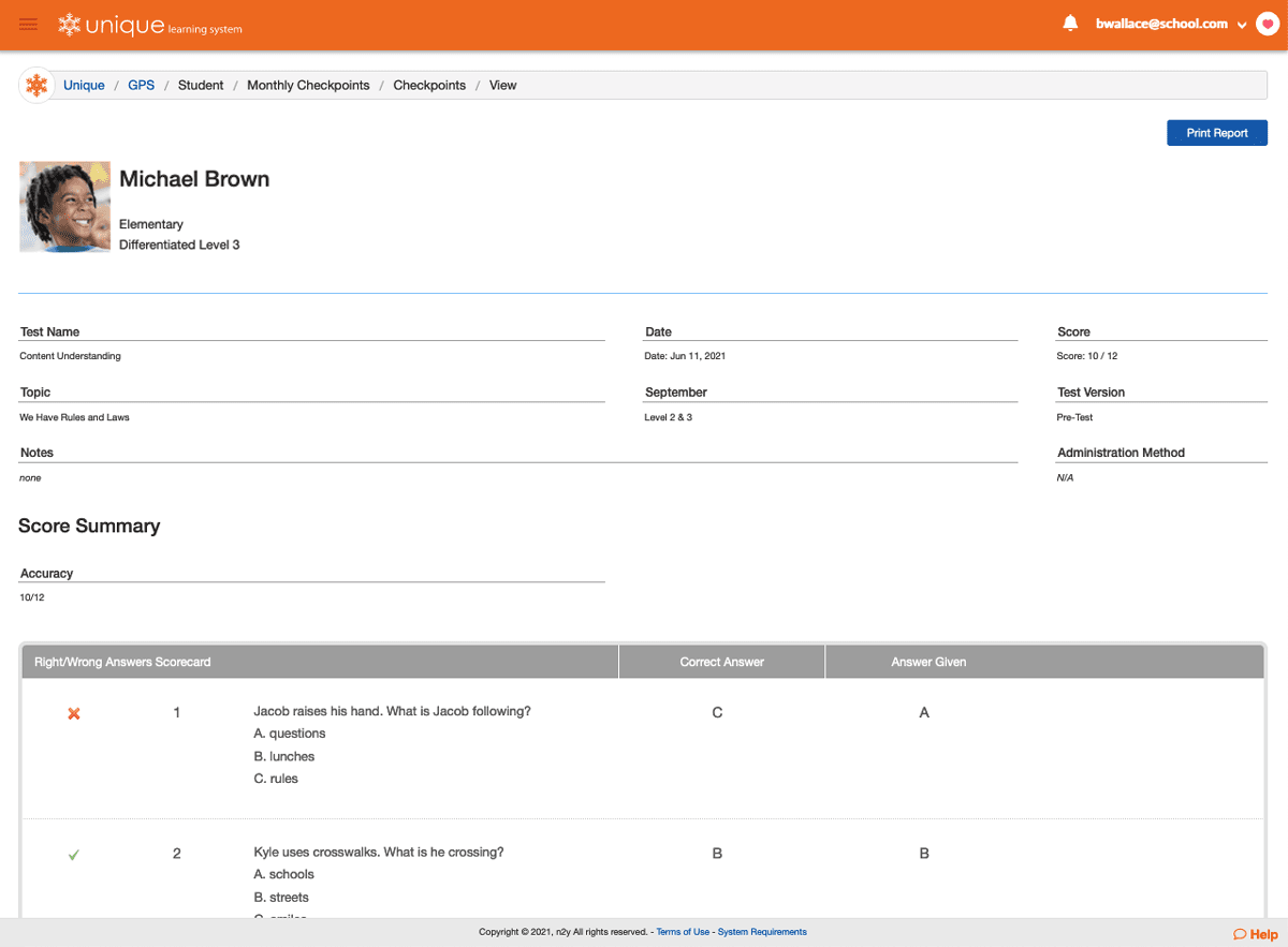 Details of each student's answers are shown in the Student Summary Report.