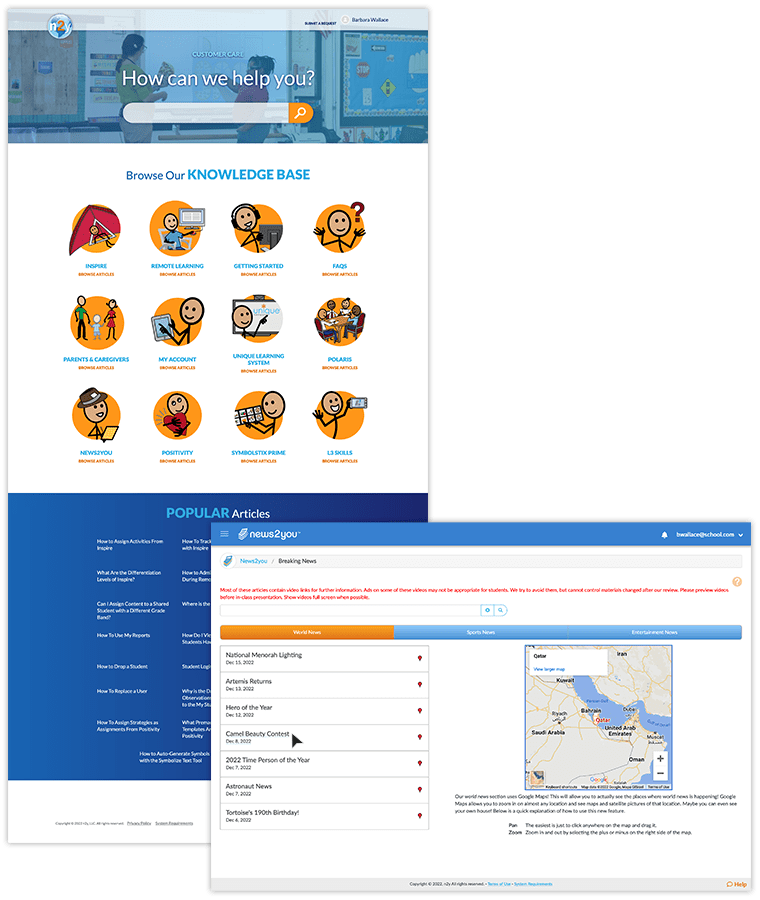 Screen capture of n2y's Knowledge Base and screen capture of News2you displaying a map