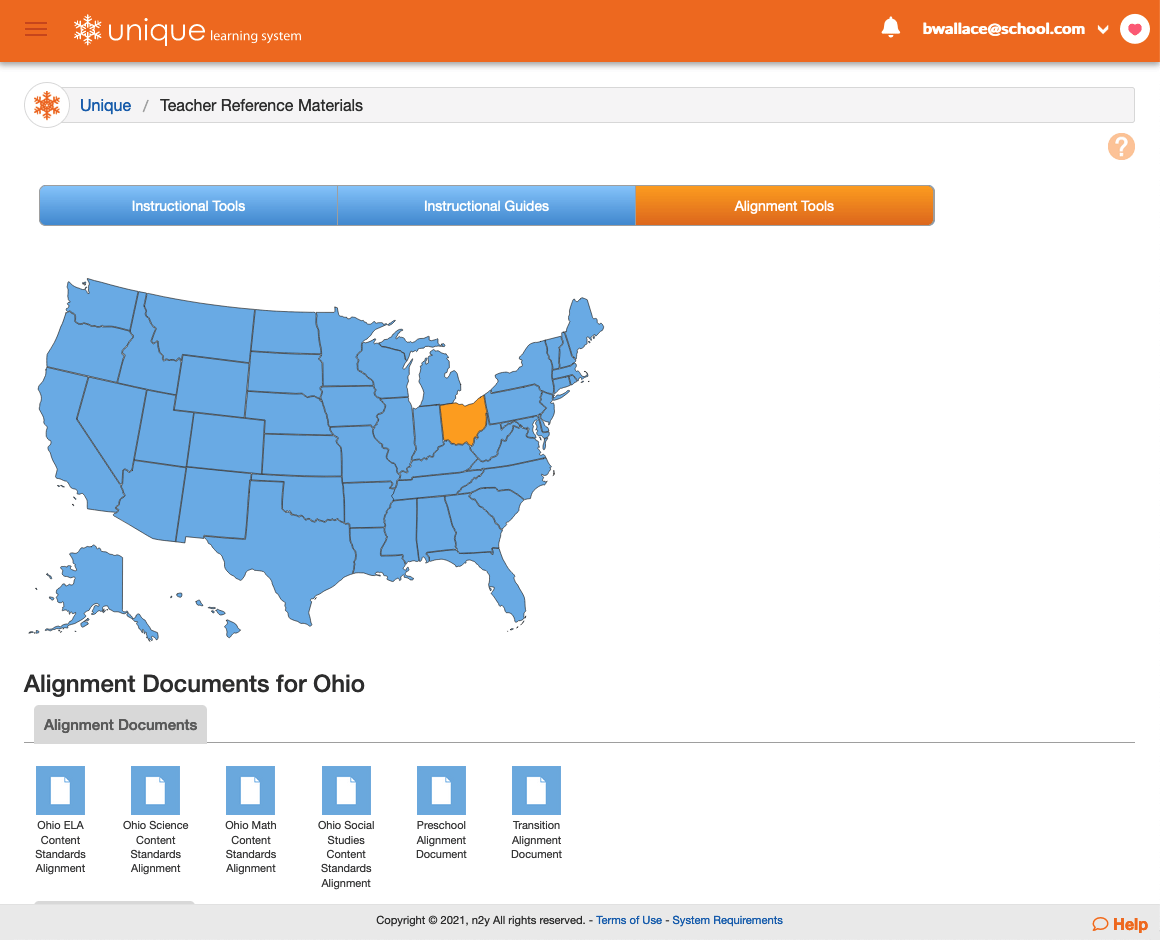 Standards alginment documents are easily accessible within Unique Learning System.
