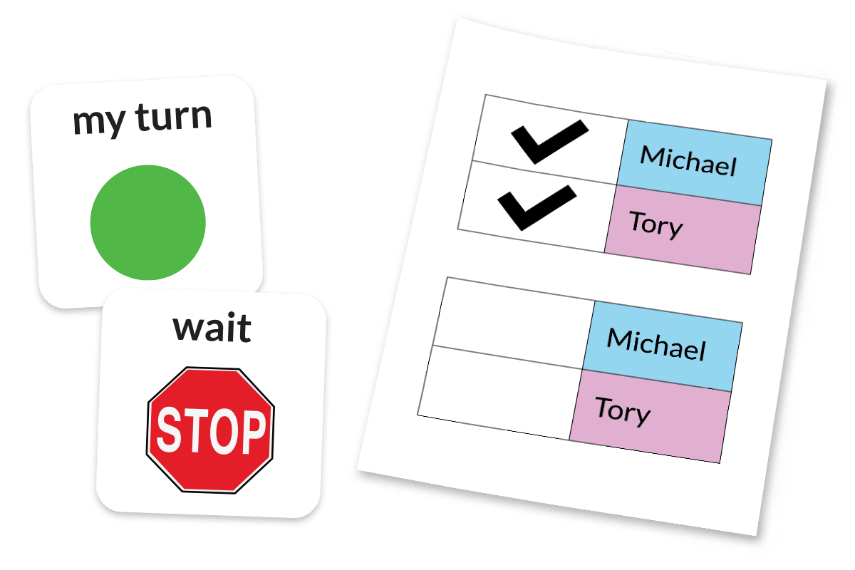 examples of taking turns: my turn/wait flip card and visual checklist