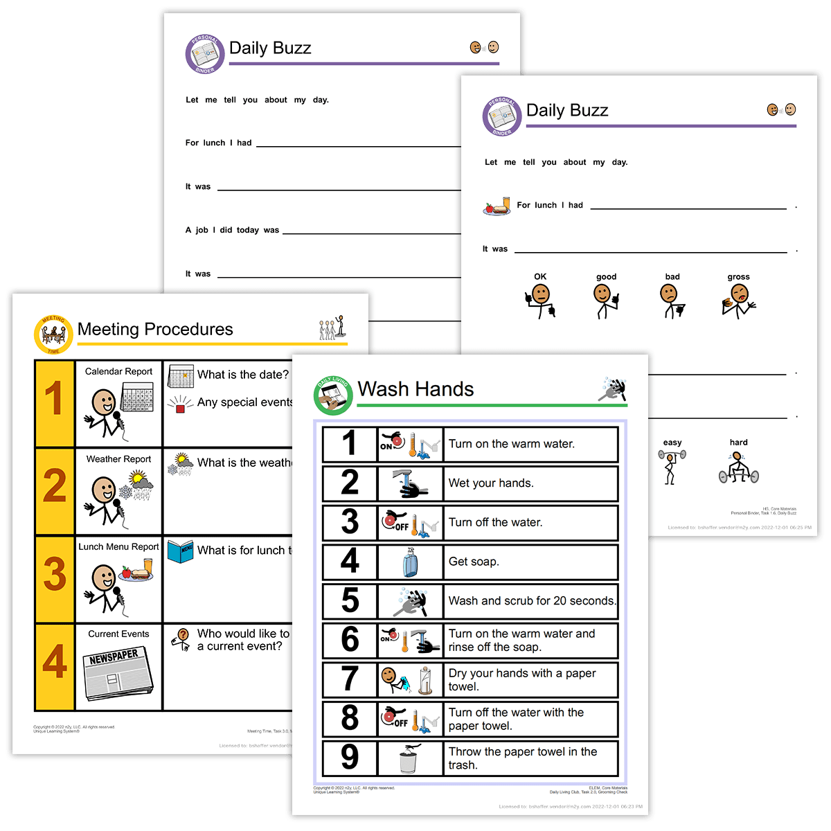 Examples of core materials: Meeting Procedures organizer, Wash Hands workflow, and differentiated Daily Buzz parent notes