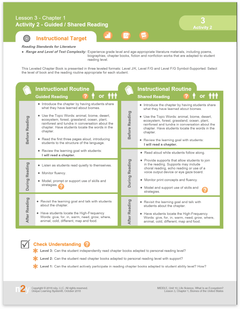 Unique Learning System Guided Reading Lesson Plan