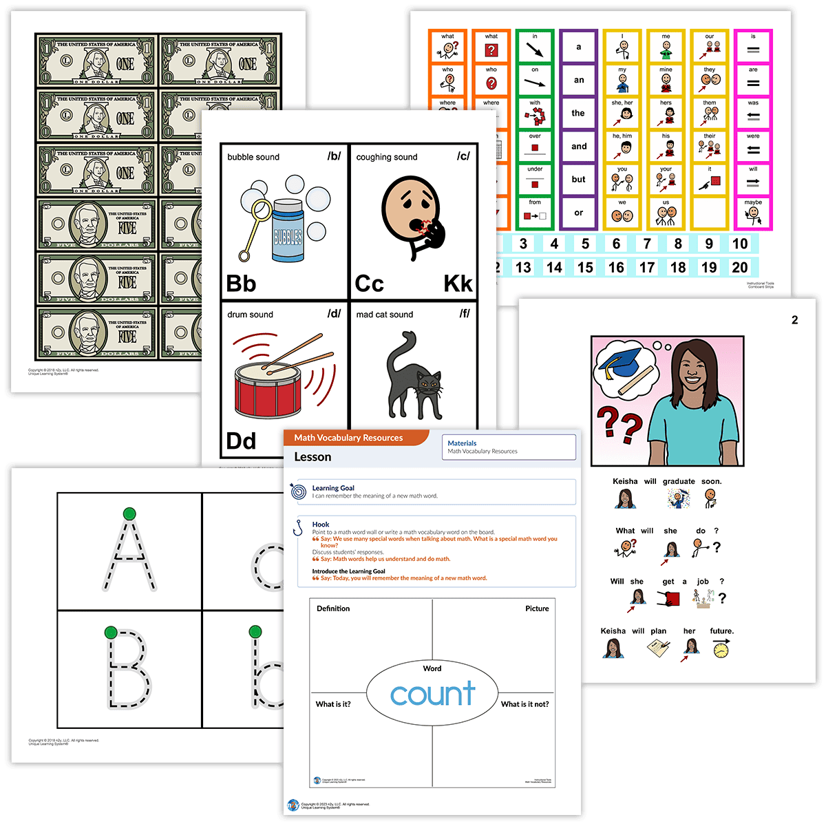 Examples of manipulatives, printable templates, and differentiated leveled books included as instructional tools