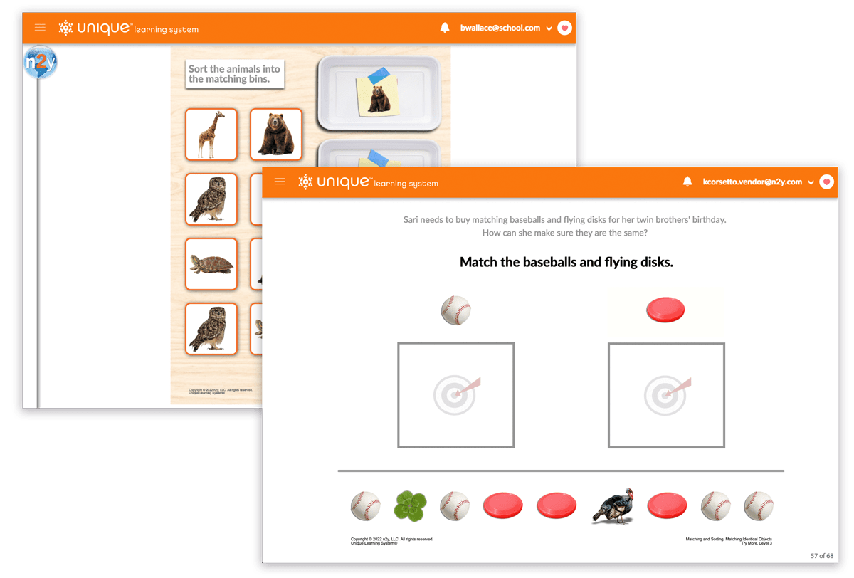 Screenshots of two Math Course activities, one of which involves sorting animals, the other using a baseball and throwing disk for matching.