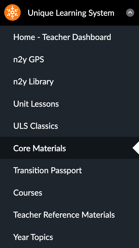 Core Materials in the Unique Learning System menu