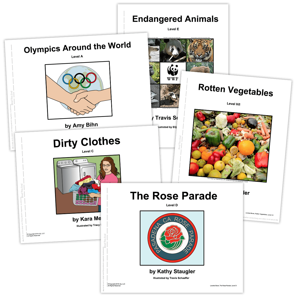 Leveled adapted books: Endangered Animals, Olympics Around the World, Rotten Vegetables, Dirty Clothes, and the Rose Parade