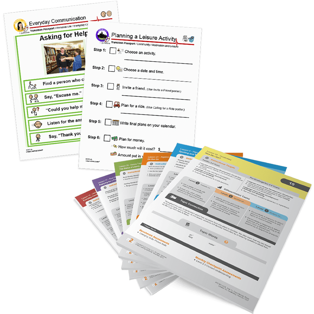 Unique Learning System's standards-based differentiated lessons, transition activities and adapted literature