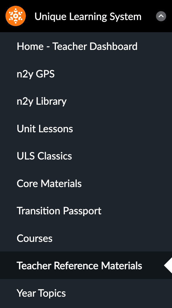 Teacher Reference Materials in the Unique Learning System menu